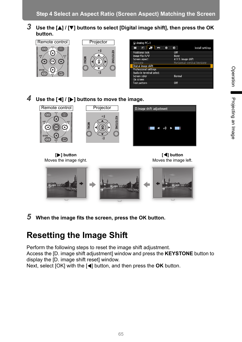 Resetting the image shift | Canon XEED WUX450 User Manual | Page 65 / 314