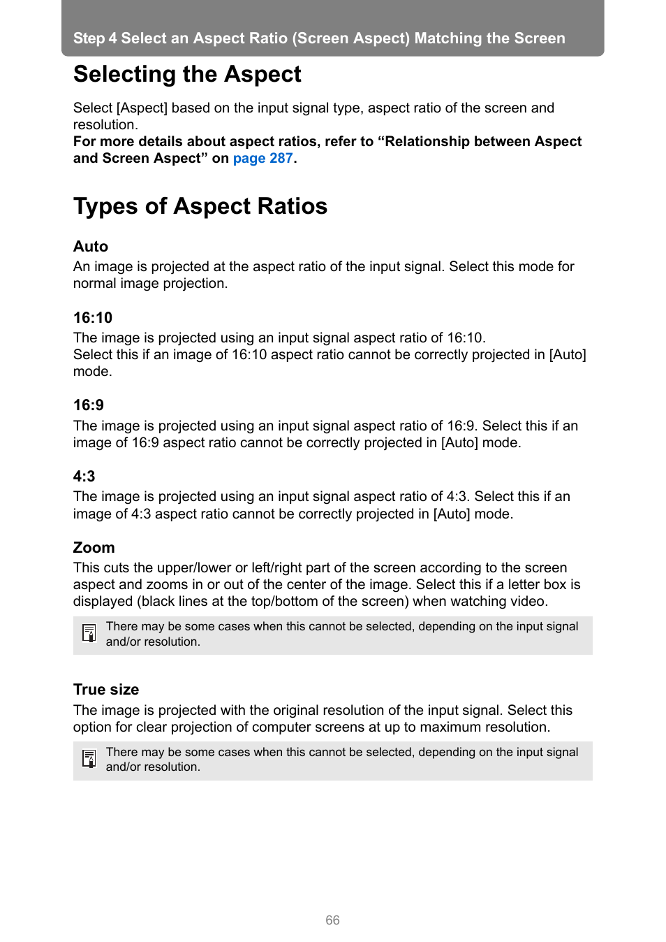 Selecting the aspect, Types of aspect ratios | Canon XEED WUX450 User Manual | Page 66 / 314