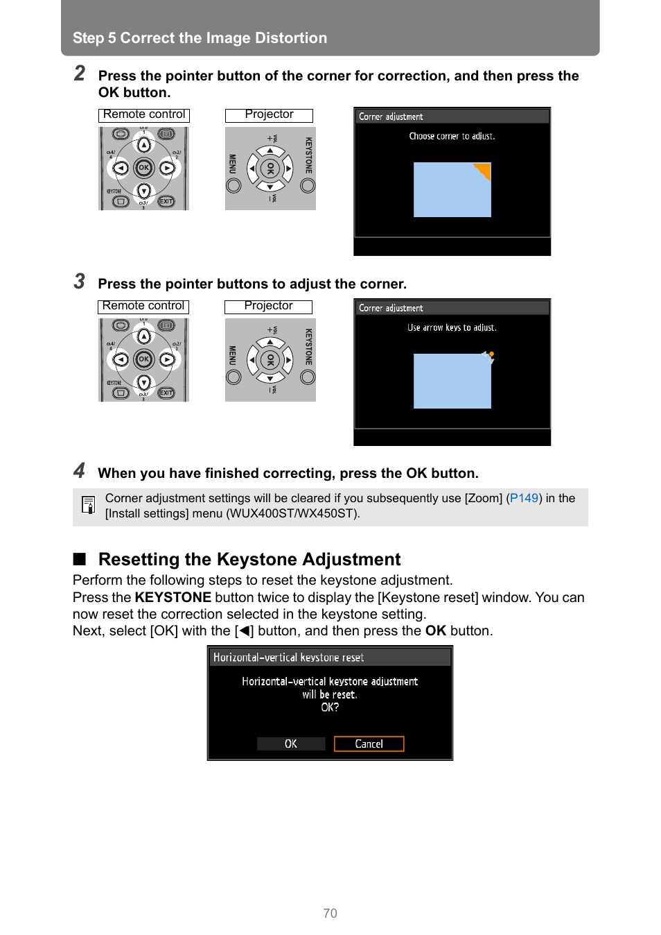 Resetting the keystone adjustment | Canon XEED WUX450 User Manual | Page 70 / 314