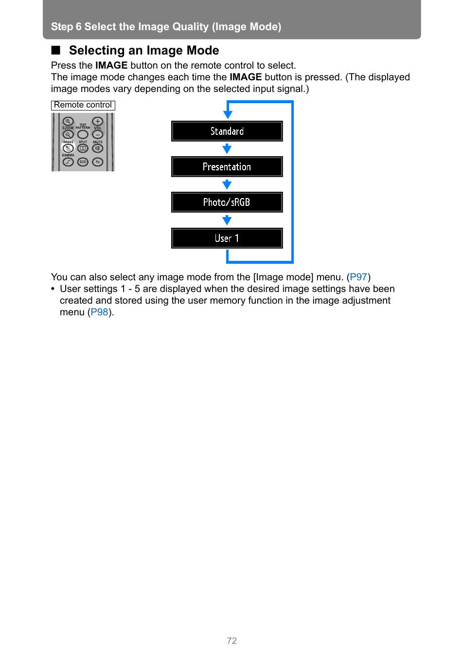 Selecting an image mode | Canon XEED WUX450 User Manual | Page 72 / 314