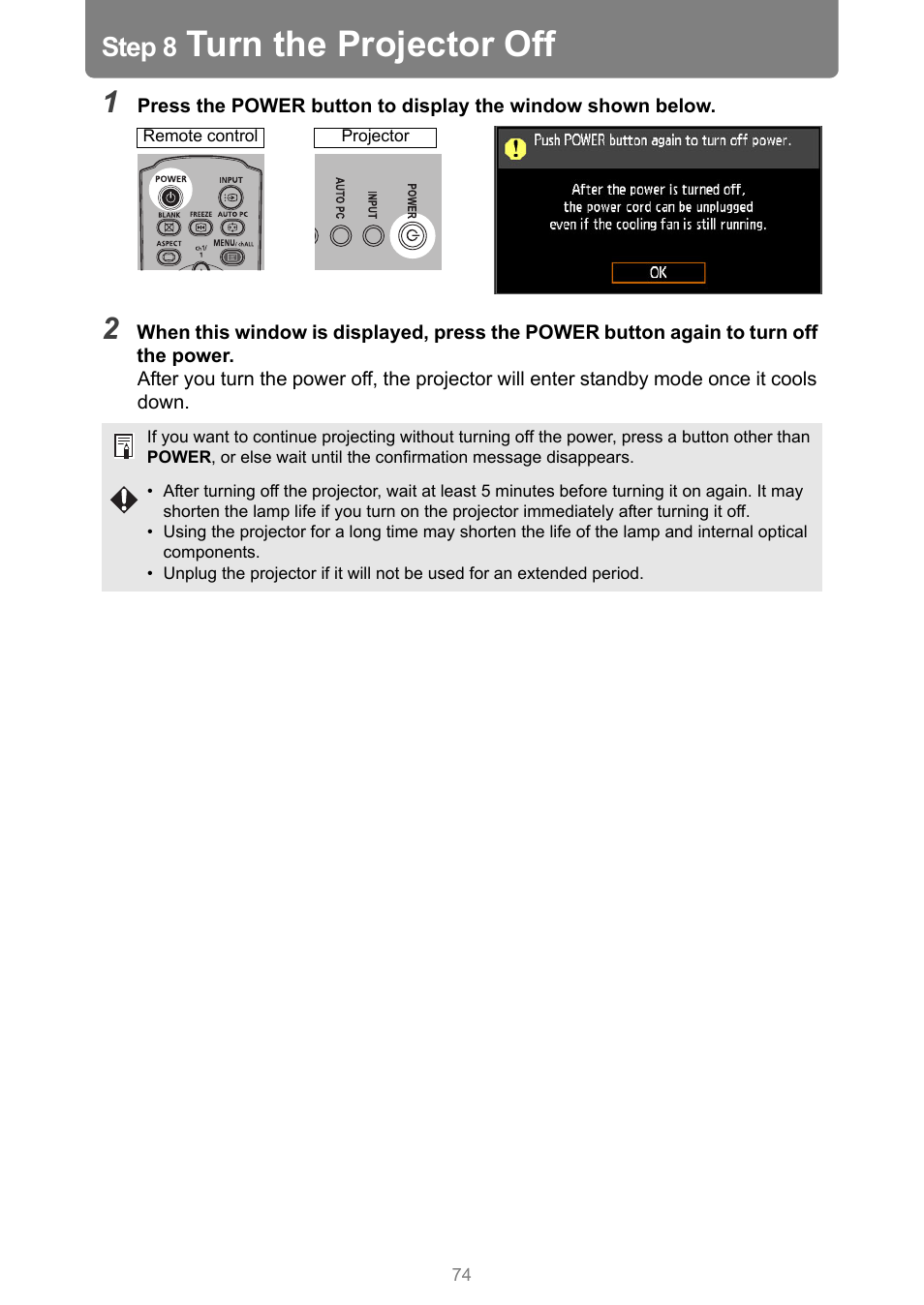 Step 8 turn the projector off, Turn the projector off, Step 8 | Canon XEED WUX450 User Manual | Page 74 / 314