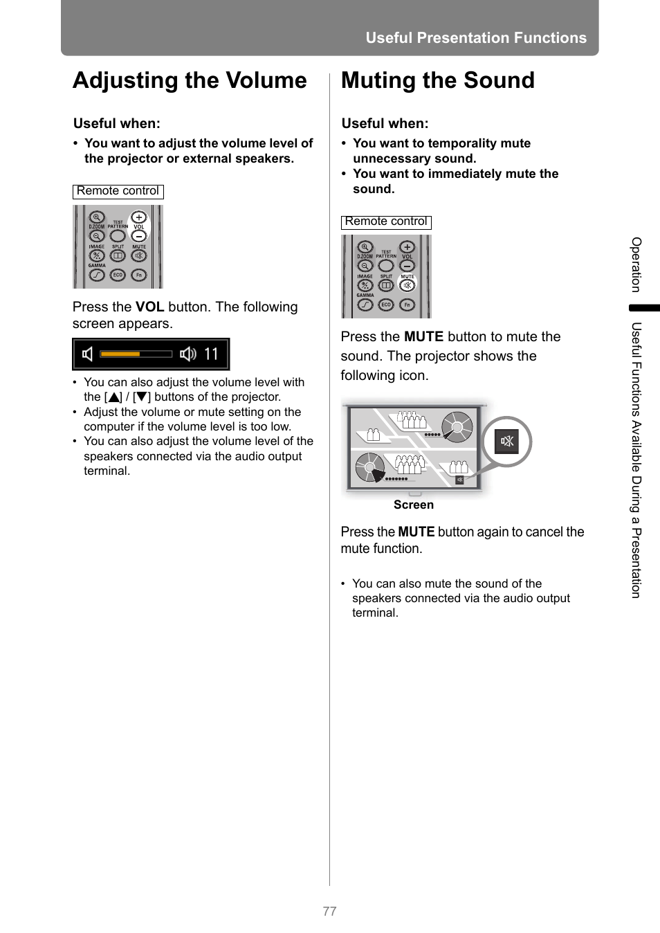 Adjusting the volume, Muting the sound | Canon XEED WUX450 User Manual | Page 77 / 314