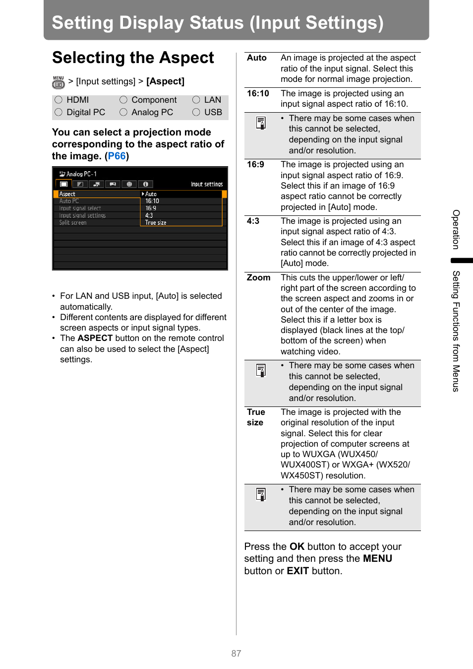Setting display status (input settings), Selecting the aspect | Canon XEED WUX450 User Manual | Page 87 / 314