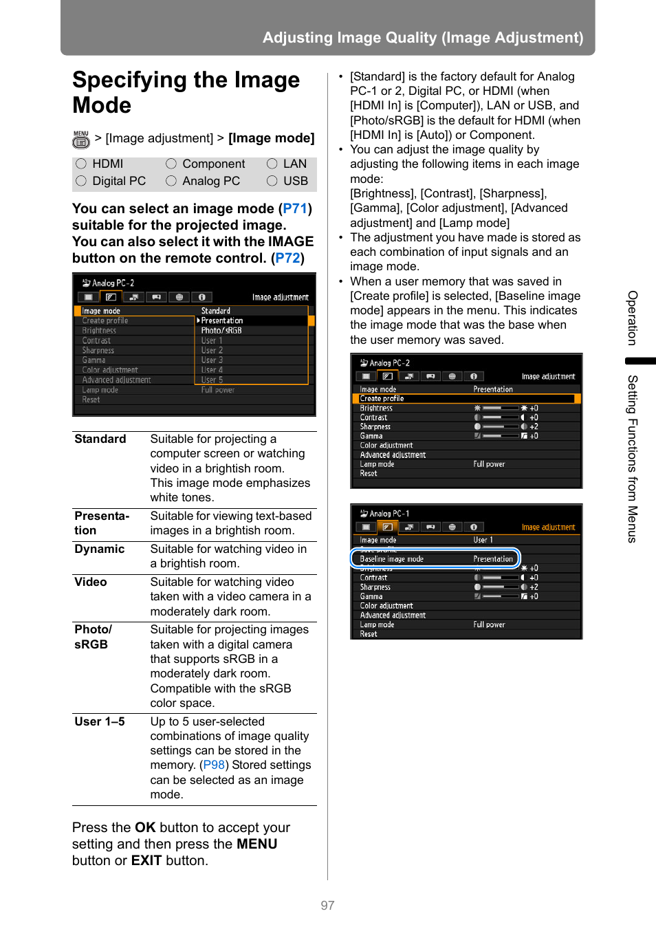 Specifying the image mode, Adjusting image quality (image adjustment) | Canon XEED WUX450 User Manual | Page 97 / 314