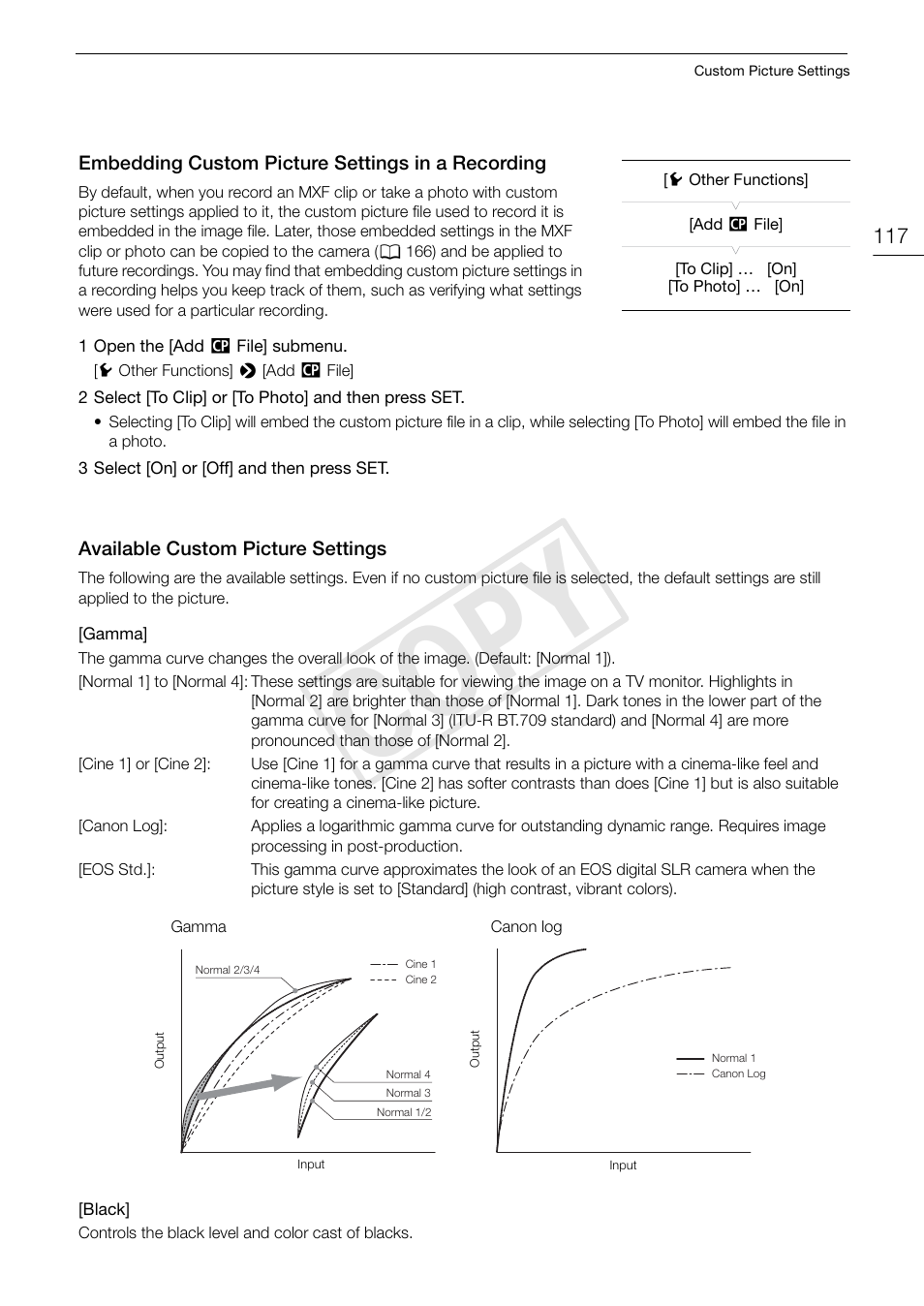 Embedding custom picture settings in a recording, Available custom picture settings, Embedding custom picture settings in a | Recording 117, Available custom picture settings 117, Cop y | Canon EOS C500 PL User Manual | Page 117 / 212