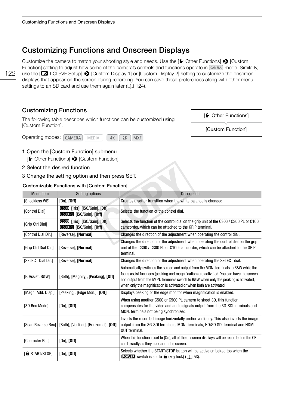 Customizing functions and onscreen displays, Customizing functions, 122) an | Customizing functions and onscreen, Displays 122, Customizing functions 122, Cop y | Canon EOS C500 PL User Manual | Page 122 / 212