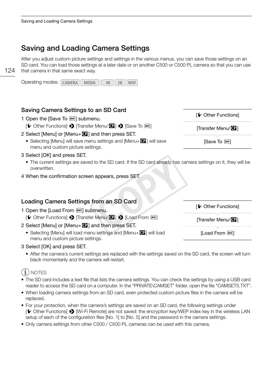 Saving and loading camera settings, Saving camera settings to an sd card, Loading camera settings from an sd card | Saving and loading camera settings 124, Saving camera settings to an sd card 124, Loading camera settings from an sd card 124, Cop y | Canon EOS C500 PL User Manual | Page 124 / 212
