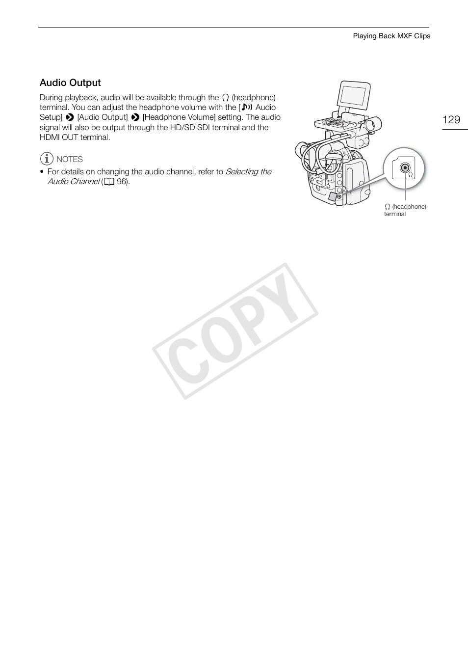 Audio output, Audio output 129, Cop y | Canon EOS C500 PL User Manual | Page 129 / 212