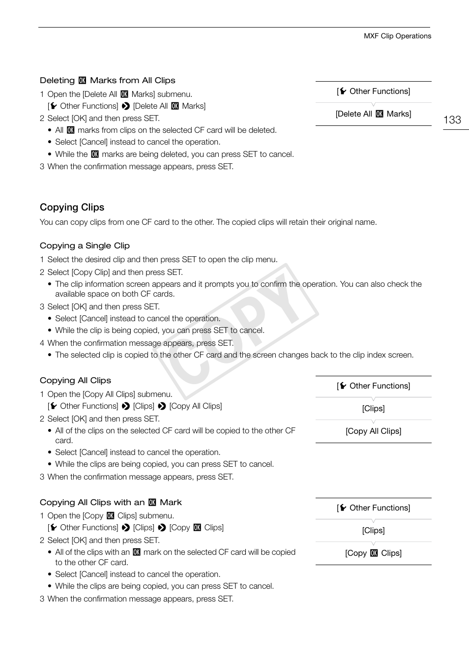 Copying clips, Copying clips 133, Cop y | Canon EOS C500 PL User Manual | Page 133 / 212