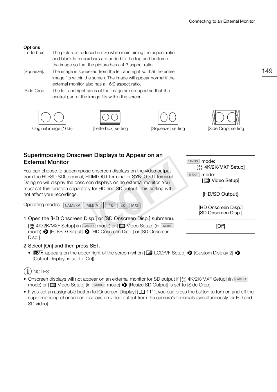 Superimposing onscreen displays to appear on, An external monitor 149, Cop y | Canon EOS C500 PL User Manual | Page 149 / 212