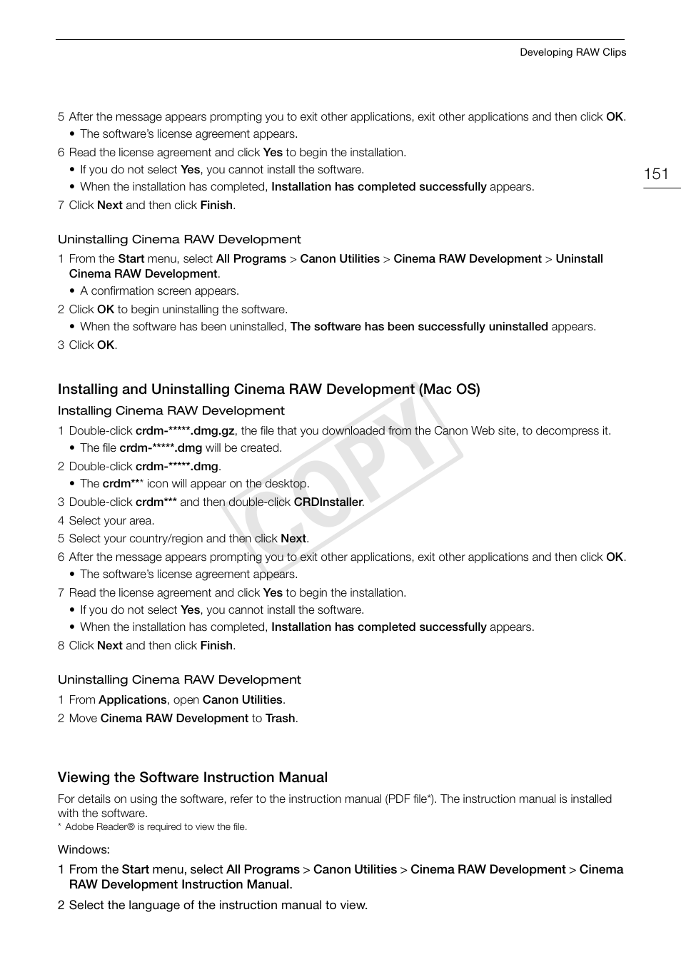 Viewing the software instruction manual, Installing and uninstalling cinema raw, Development (mac os) 151 | Viewing the software instruction manual 151, Cop y | Canon EOS C500 PL User Manual | Page 151 / 212