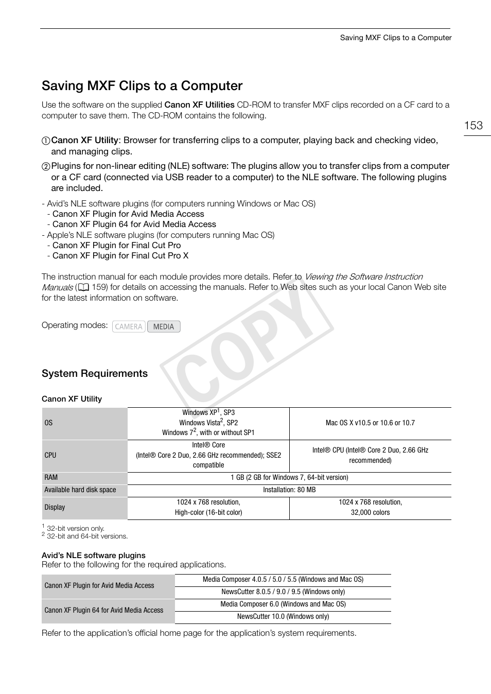 Saving mxf clips to a computer, System requirements, Saving mxf clips to a computer 153 | System requirements 153, 153), espec, Cop y | Canon EOS C500 PL User Manual | Page 153 / 212
