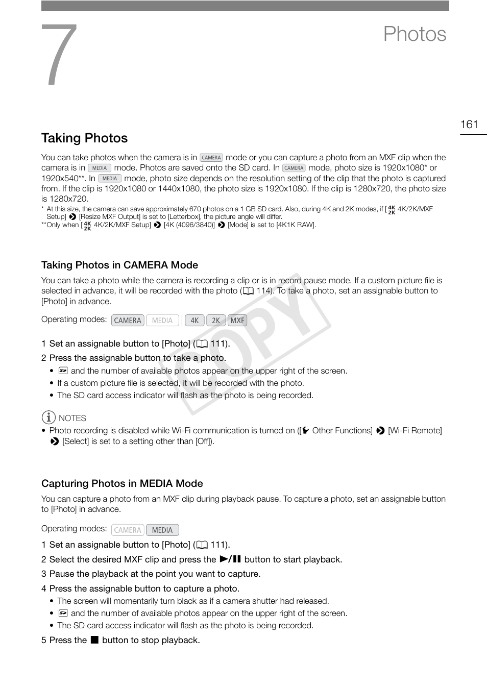 Photos, Taking photos, Taking photos in camera mode | Capturing photos in media mode, Photos 161, Taking photos 161, Cop y | Canon EOS C500 PL User Manual | Page 161 / 212