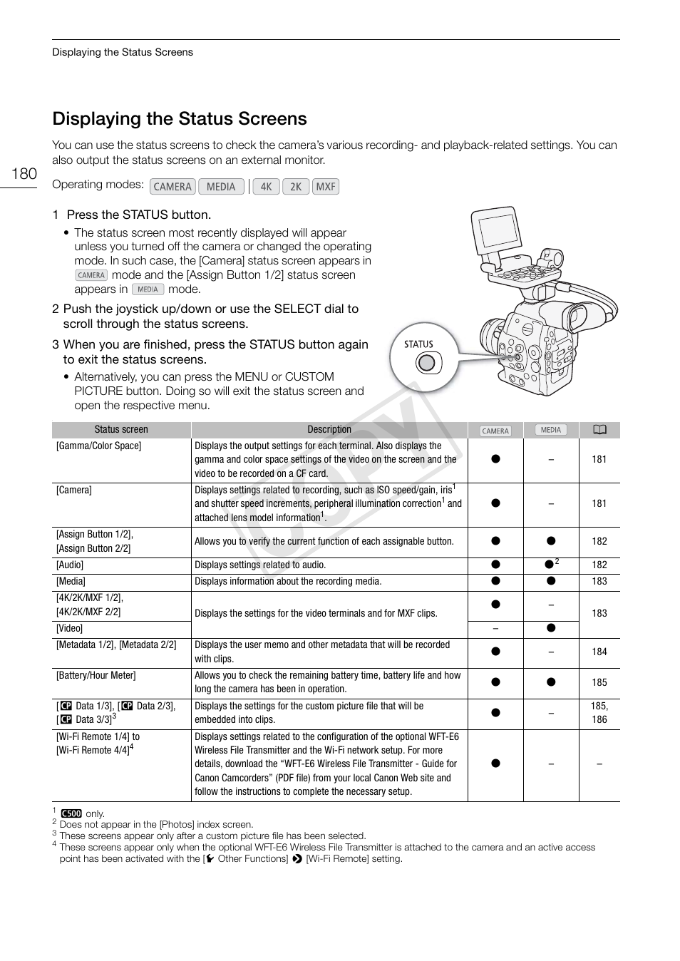 Displaying the status screens, Displaying the status screens 180, Cop y | Canon EOS C500 PL User Manual | Page 180 / 212