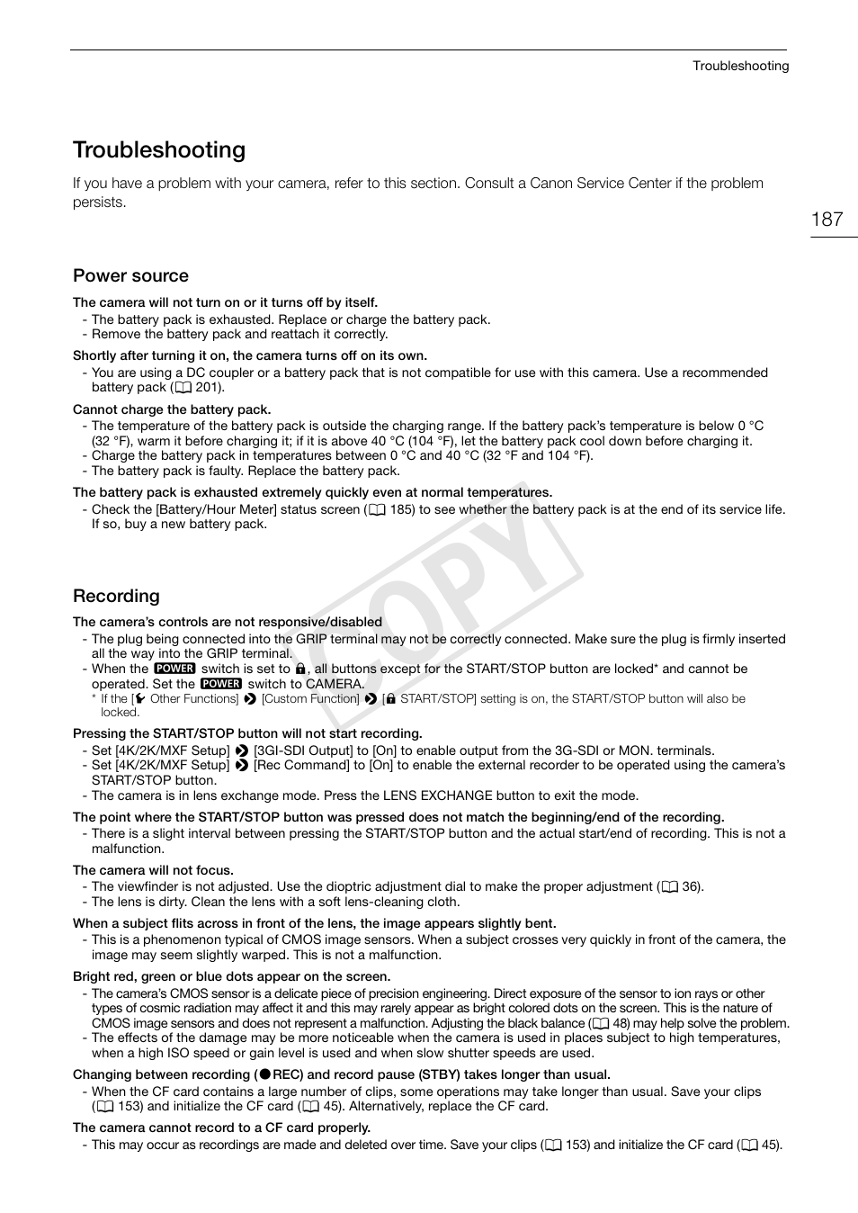 Troubleshooting, Troubleshooting 187, Cop y | Canon EOS C500 PL User Manual | Page 187 / 212