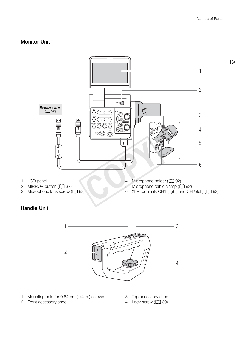 Monitor unit, Handle unit, Monitor unit 19 handle unit 19 | Cop y | Canon EOS C500 PL User Manual | Page 19 / 212