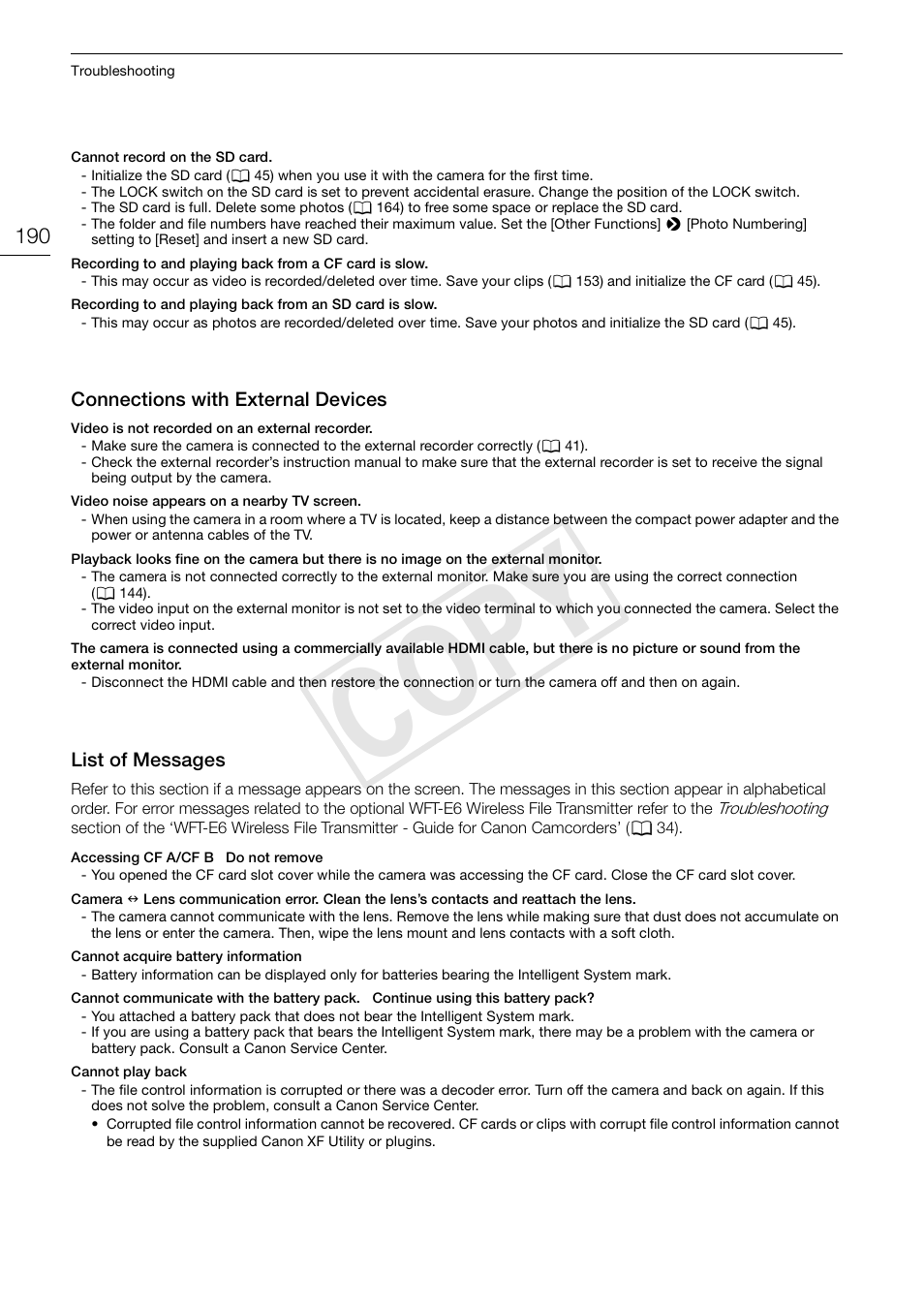 List of messages, List of messages 190, Cop y | Canon EOS C500 PL User Manual | Page 190 / 212