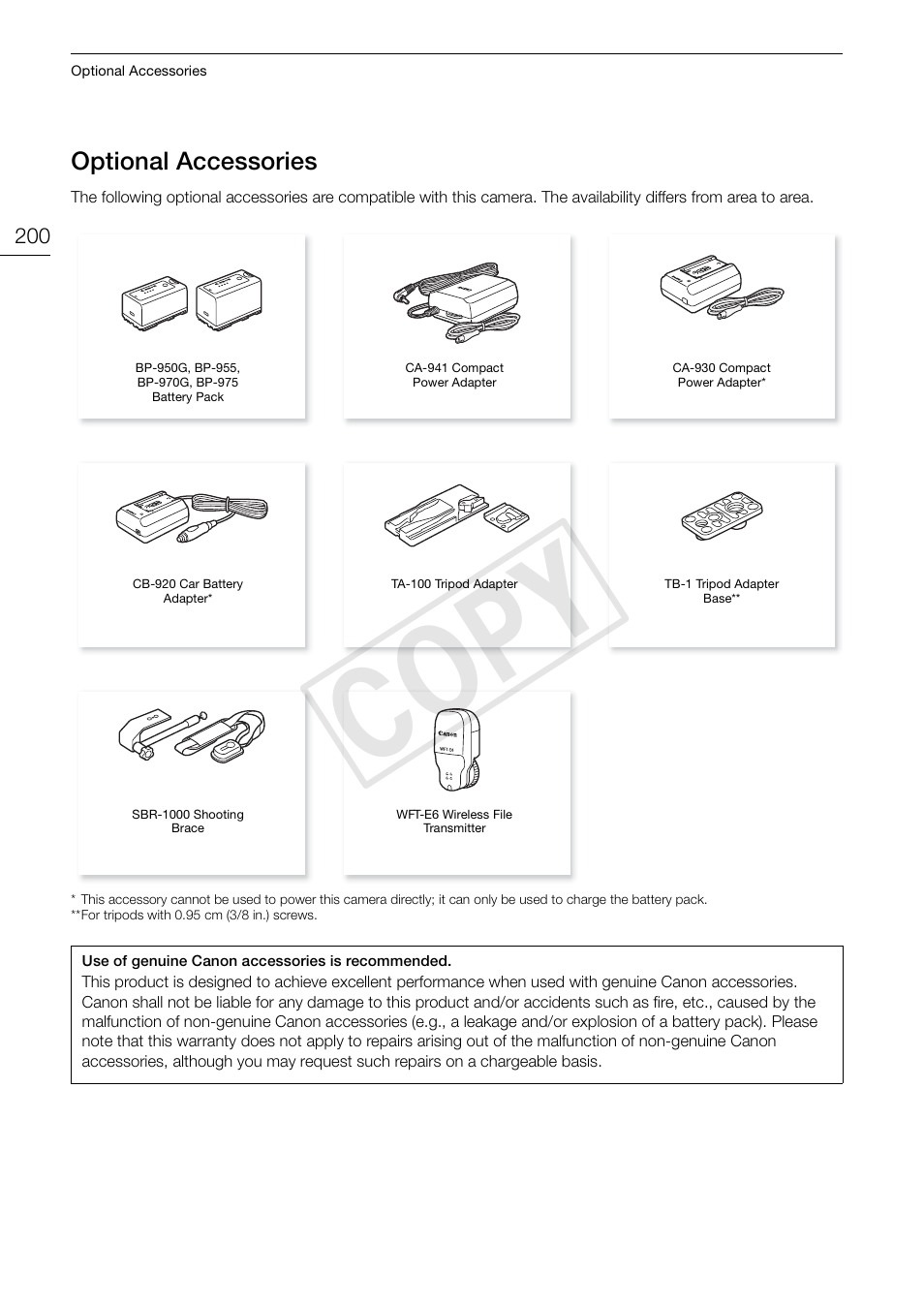 Optional accessories, Optional accessories 200, Cop y | Canon EOS C500 PL User Manual | Page 200 / 212