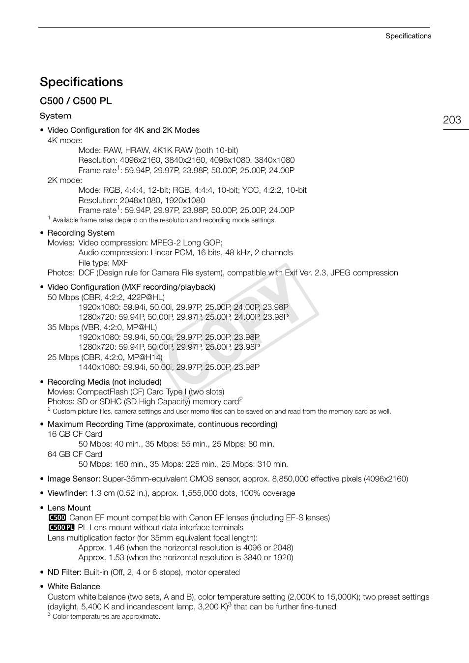 Specifications, Specifications 203, Cop y | Canon EOS C500 PL User Manual | Page 203 / 212
