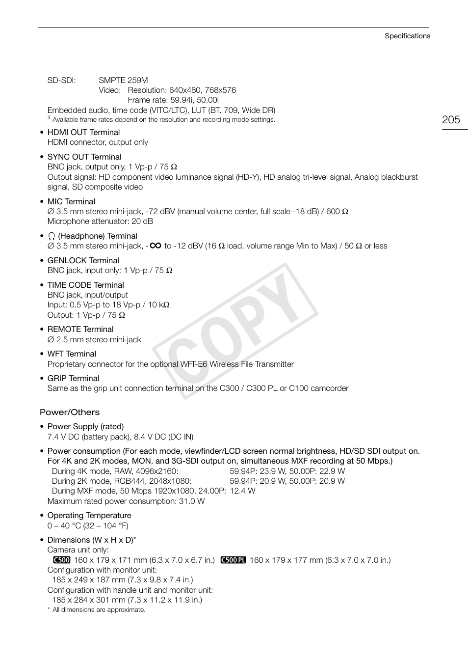 Cop y | Canon EOS C500 PL User Manual | Page 205 / 212