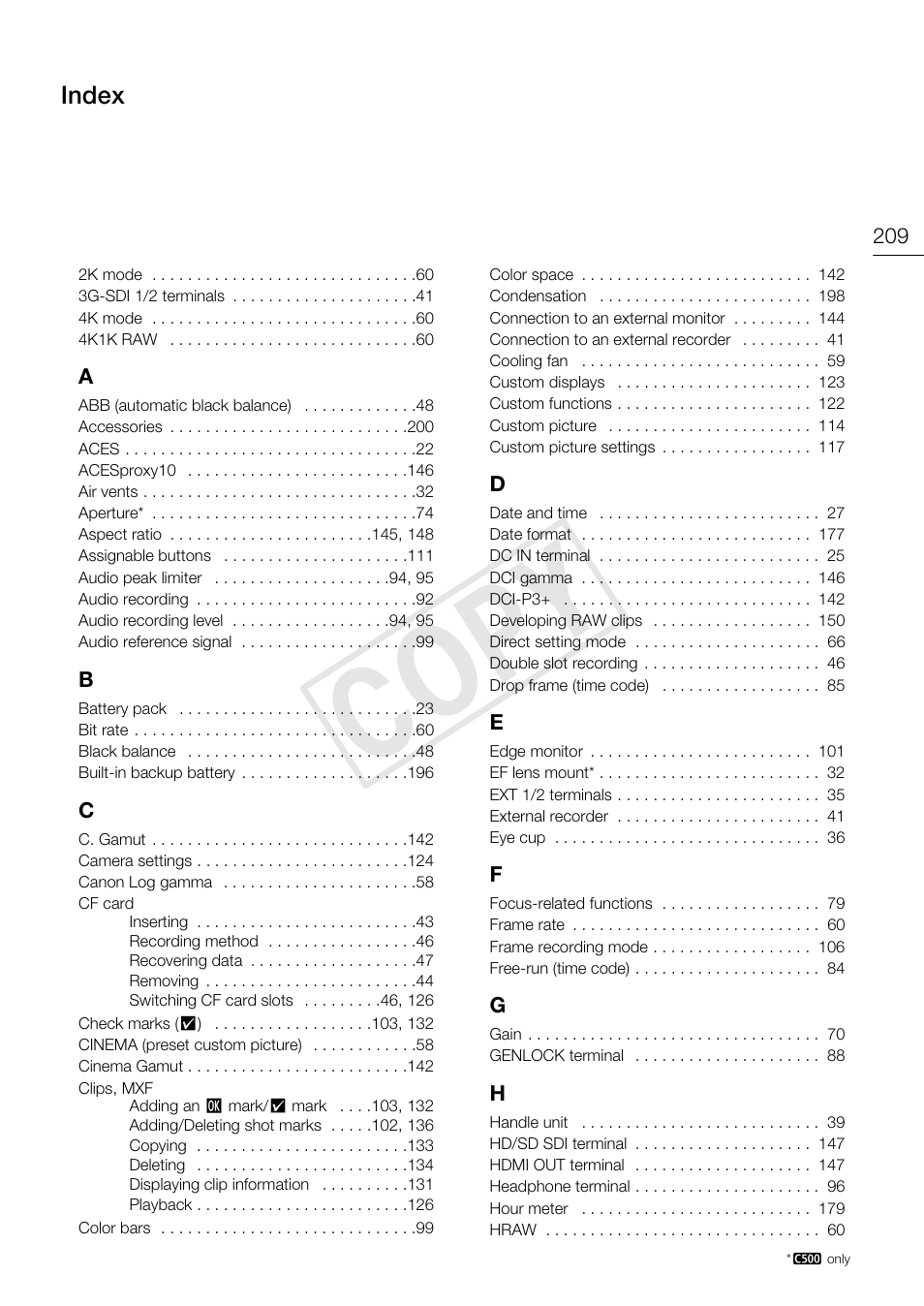 Index, Index 209, C op y | Canon EOS C500 PL User Manual | Page 209 / 212