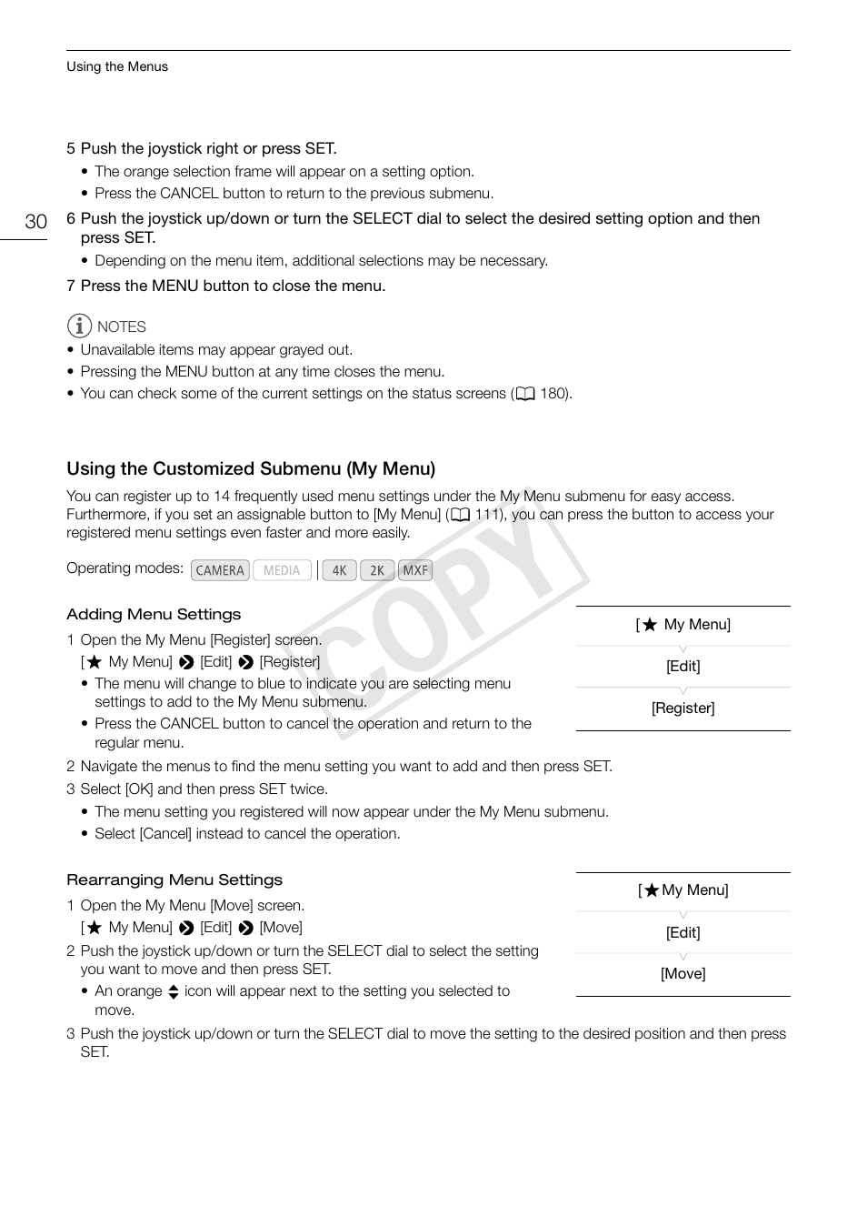 Using the customized submenu (my menu), Using the customized submenu (my menu) 30, Cop y | Canon EOS C500 PL User Manual | Page 30 / 212