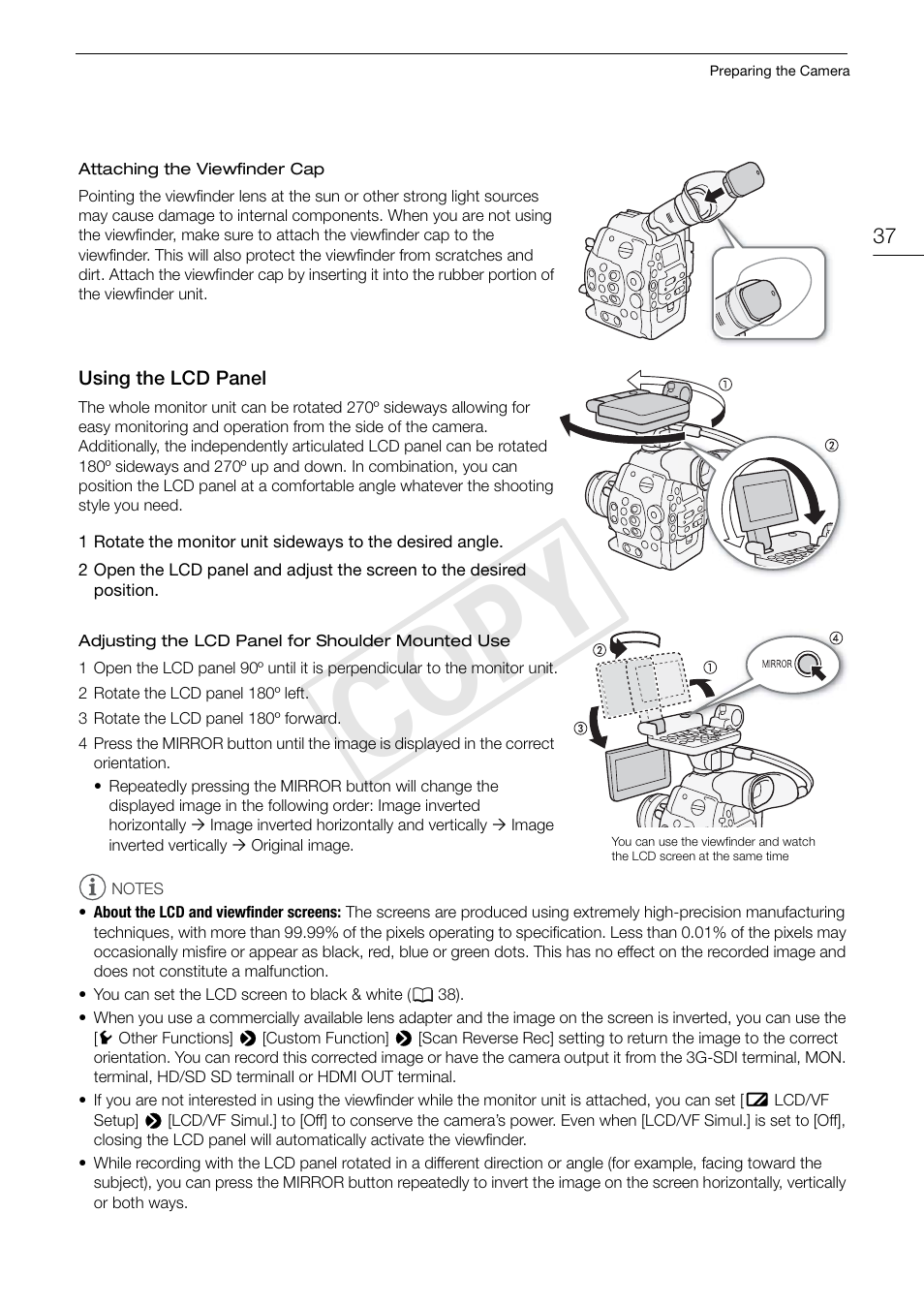 Using the lcd panel, Using the lcd panel 37, Cop y | Canon EOS C500 PL User Manual | Page 37 / 212