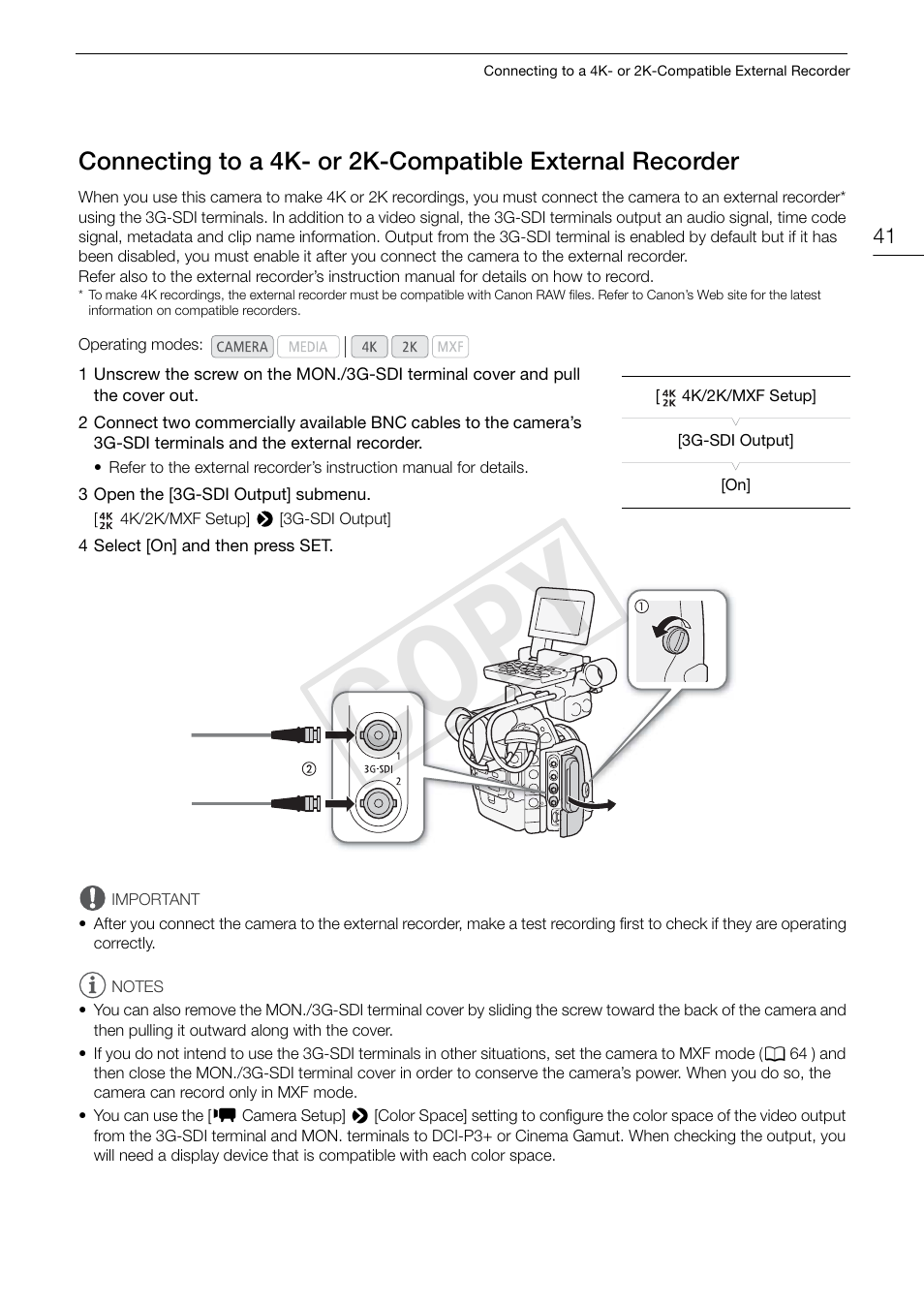 41) ar, Connecting to a 4k- or 2k-compatible external, Recorder 41 | Cop y | Canon EOS C500 PL User Manual | Page 41 / 212