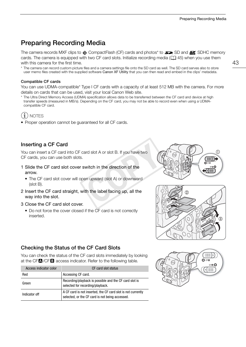 Preparing recording media, Inserting a cf card, Checking the status of the cf card slots | Preparing recording media 43, Cop y | Canon EOS C500 PL User Manual | Page 43 / 212