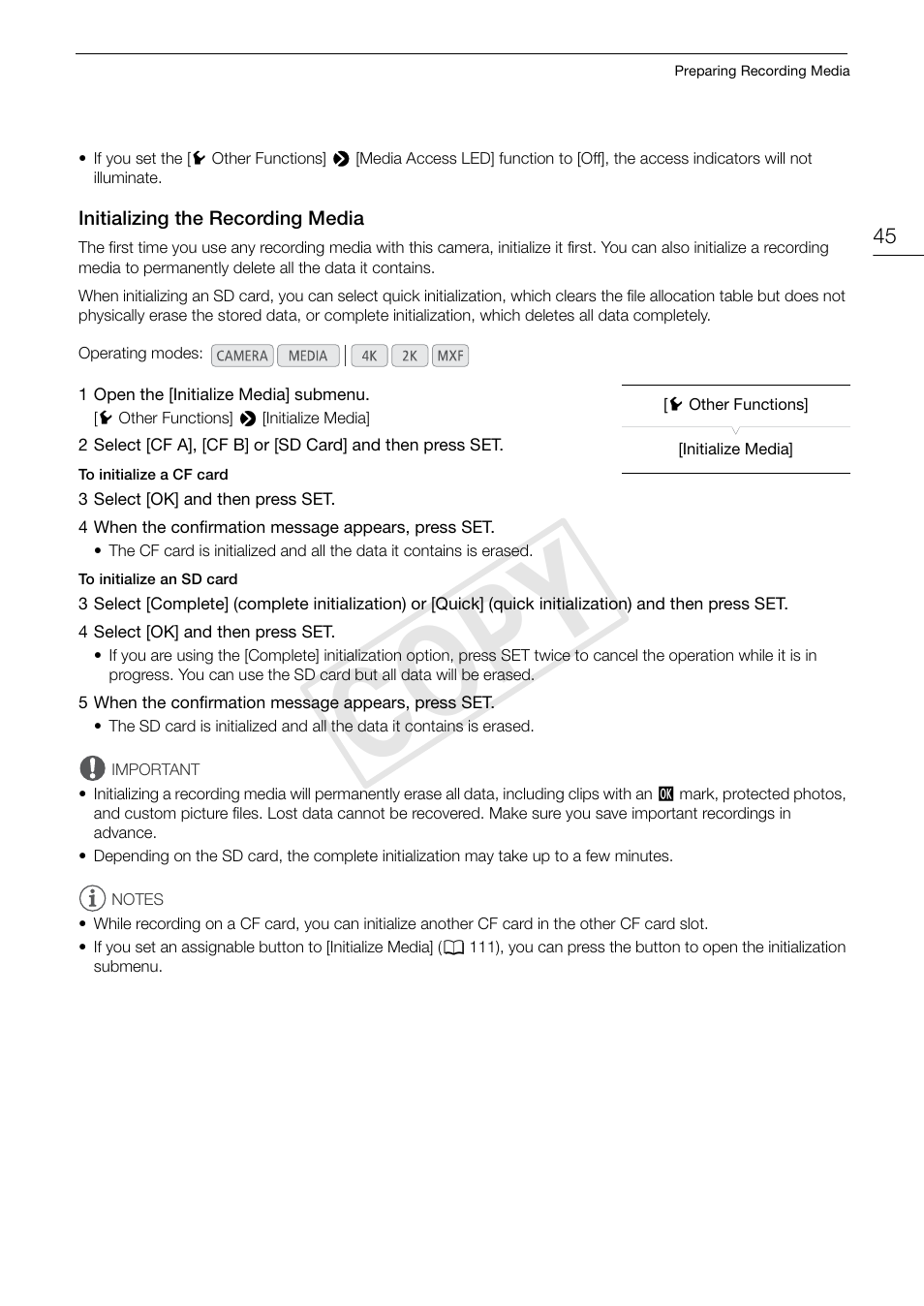 Initializing the recording media, Initializing the recording media 45, Cop y | Canon EOS C500 PL User Manual | Page 45 / 212