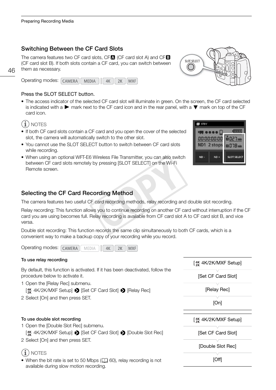 Switching between the cf card slots, Selecting the cf card recording method, 46) let | Cop y | Canon EOS C500 PL User Manual | Page 46 / 212