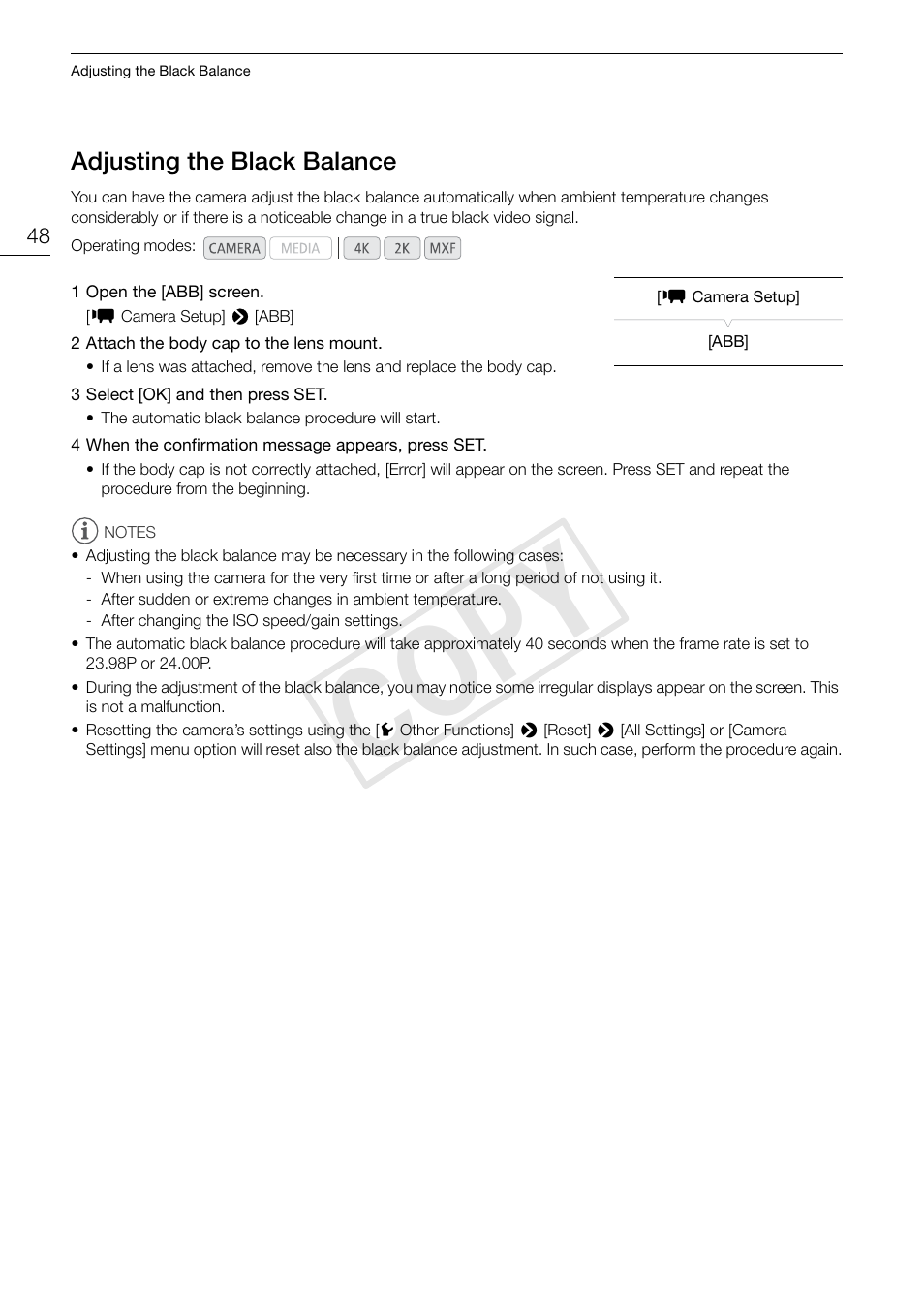 Adjusting the black balance, Adjusting the black balance 48, Cop y | Canon EOS C500 PL User Manual | Page 48 / 212