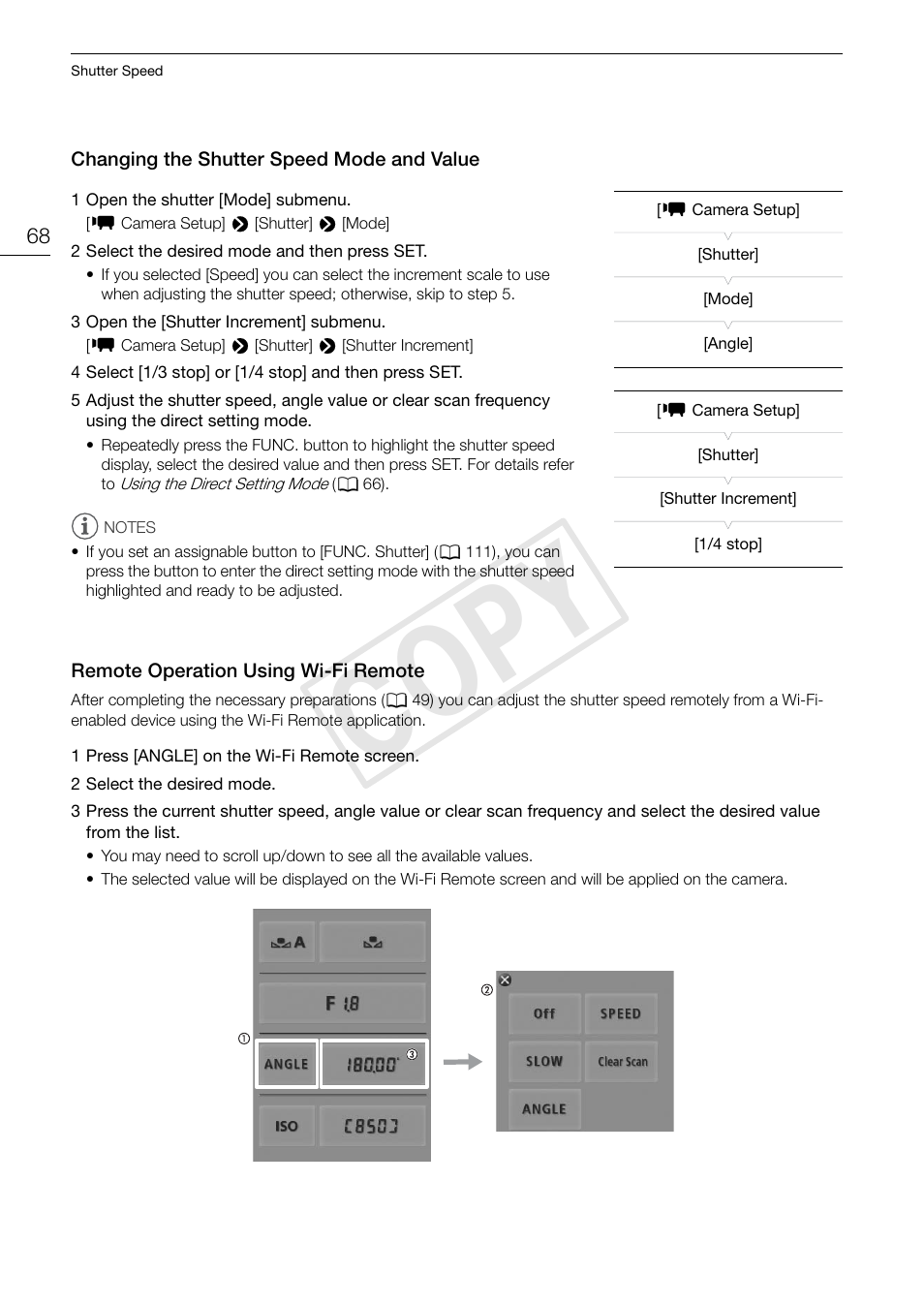 Changing the shutter speed mode and value, Remote operation using wi-fi remote, Changing the shutter speed mode and value 68 | Remote operation using wi-fi remote 68, Cop y | Canon EOS C500 PL User Manual | Page 68 / 212