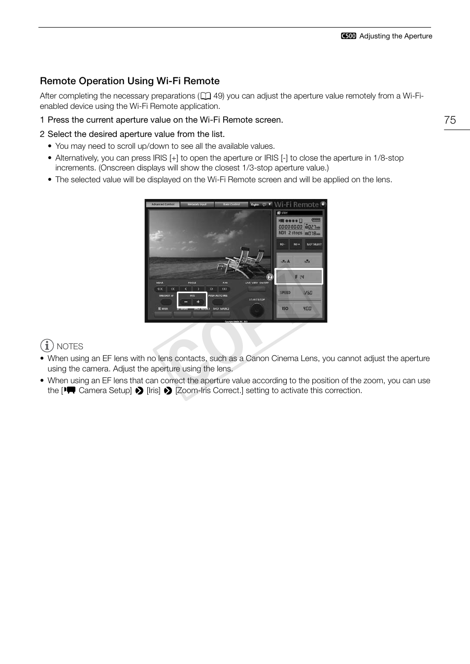 Remote operation using wi-fi remote, Remote operation using wi-fi remote 75, Cop y | Canon EOS C500 PL User Manual | Page 75 / 212