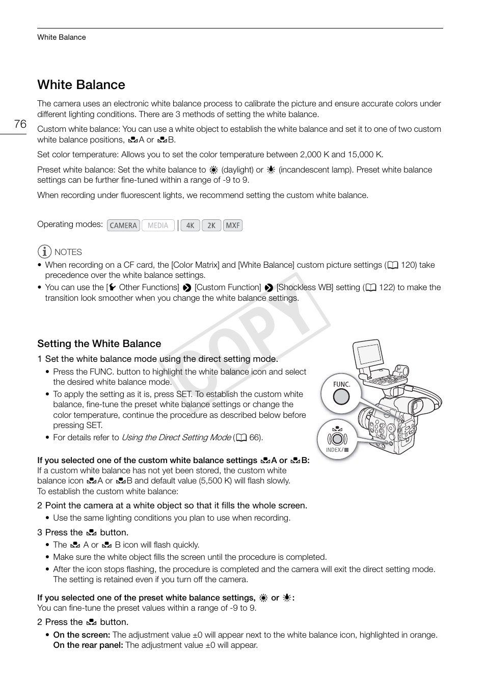 White balance, Setting the white balance, White balance 76 | Setting the white balance 76, 76), iso, Cop y | Canon EOS C500 PL User Manual | Page 76 / 212