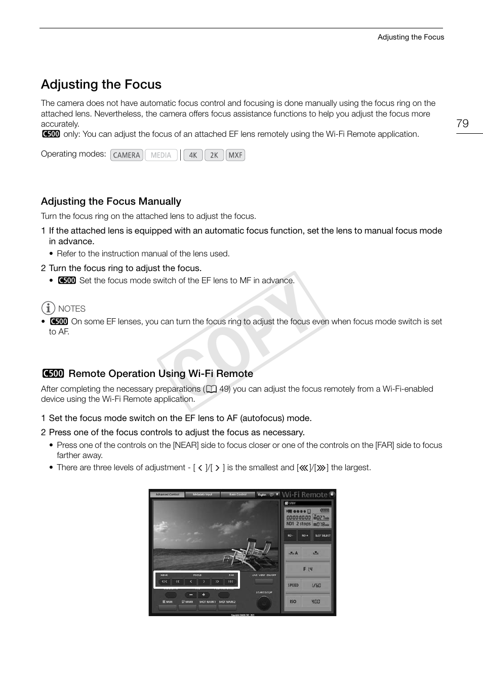 Adjusting the focus, Adjusting the focus manually, C500> remote operation using wi-fi remote | Adjusting the focus 79, Cop y | Canon EOS C500 PL User Manual | Page 79 / 212