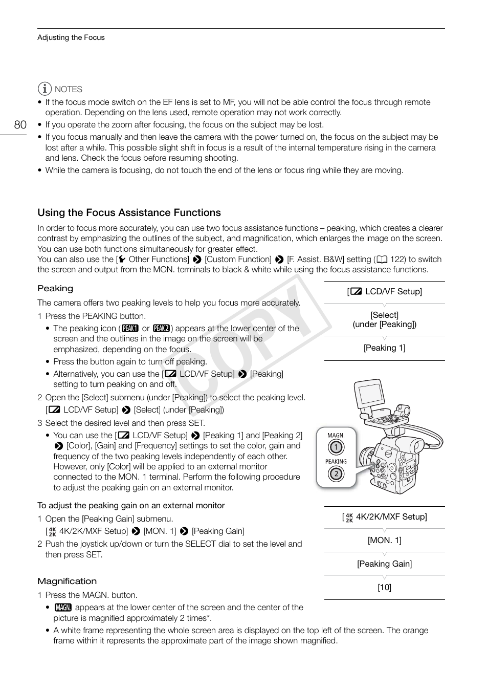 Using the focus assistance functions, Using the focus assistance functions 80, Cop y | Canon EOS C500 PL User Manual | Page 80 / 212