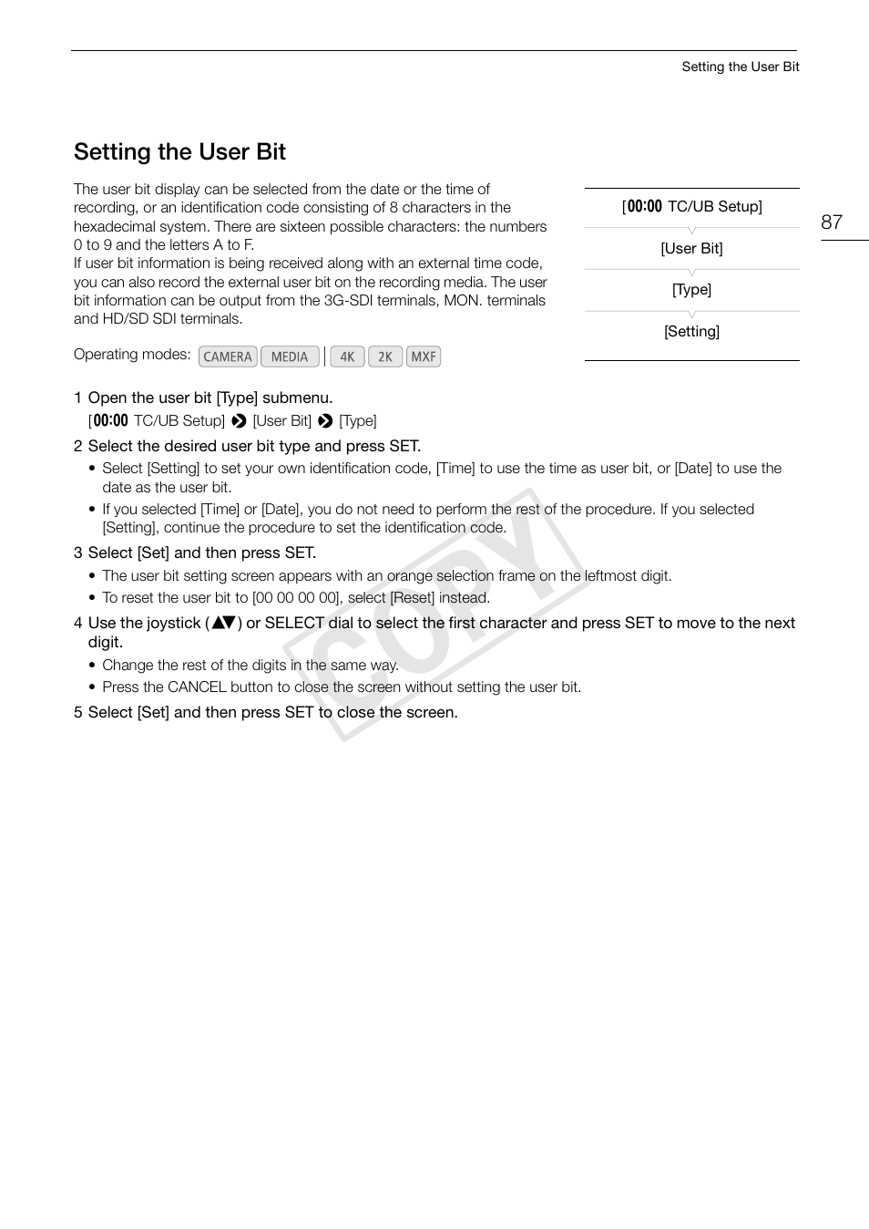 Setting the user bit, Setting the user bit 87, Cop y | Canon EOS C500 PL User Manual | Page 87 / 212