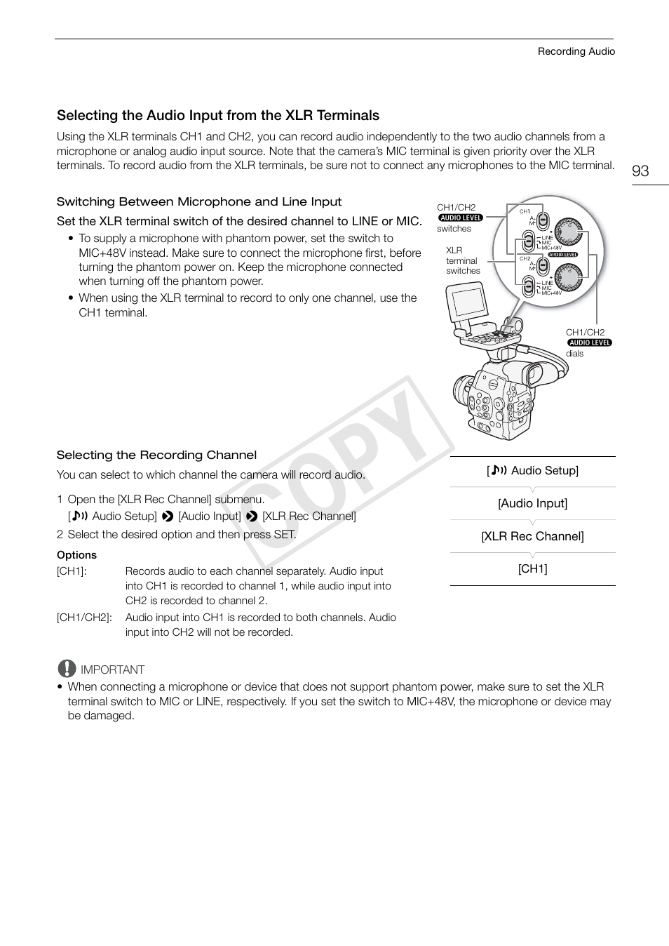Selecting the audio input from the xlr terminals, Selecting the audio input from the xlr, Terminals 93 | Cop y | Canon EOS C500 PL User Manual | Page 93 / 212