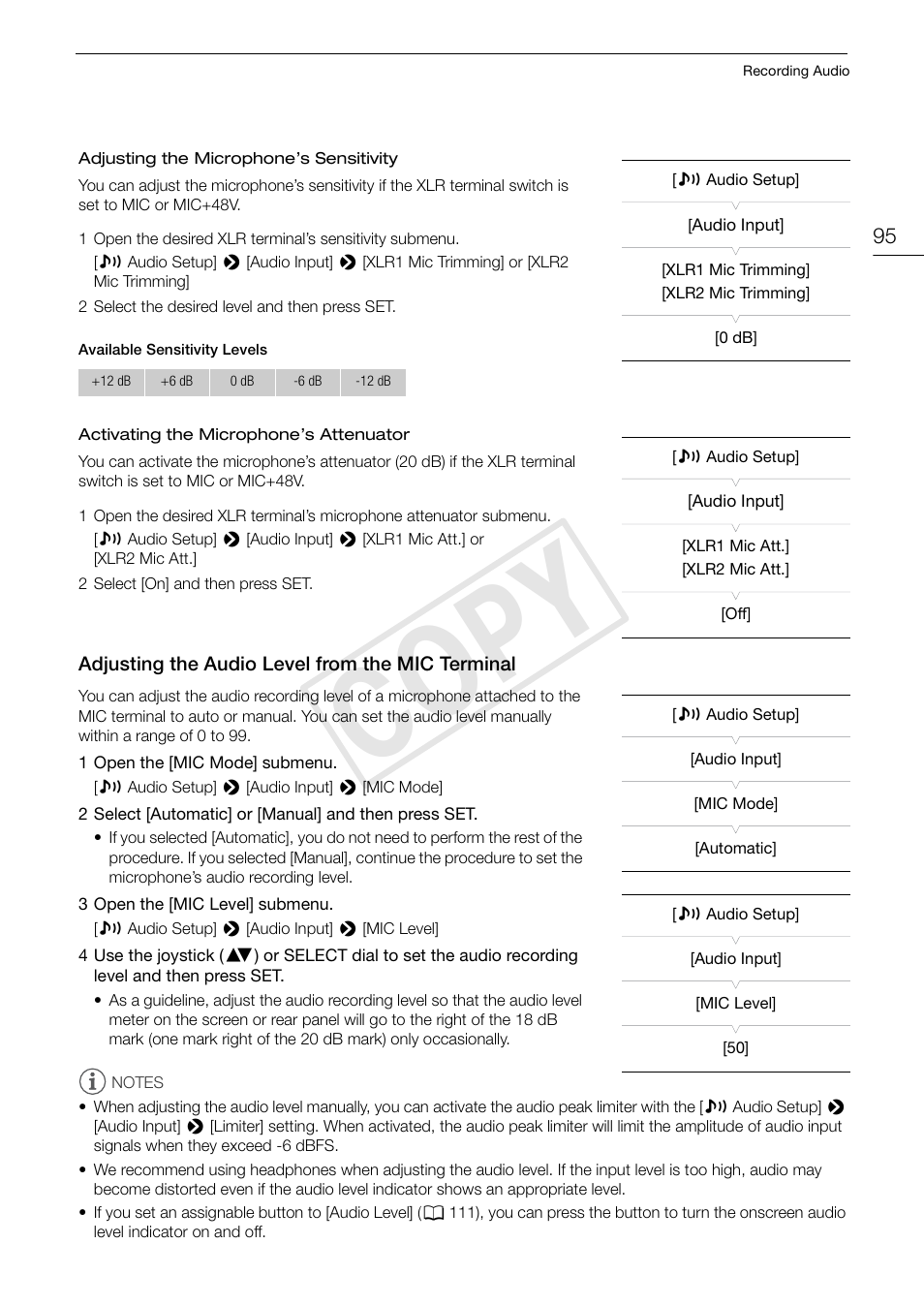 Adjusting the audio level from the mic terminal, Adjusting the audio level from the mic, Terminal 95 | Cop y | Canon EOS C500 PL User Manual | Page 95 / 212