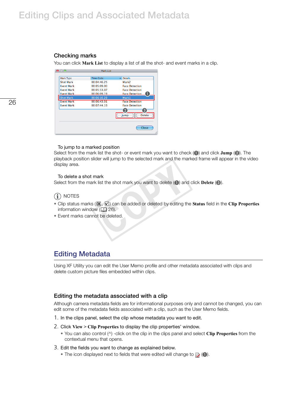 Checking marks, Editing metadata, Editing the metadata associated with a clip | Cop y, Editing clips and associated metadata | Canon EOS C500 PL User Manual | Page 26 / 37
