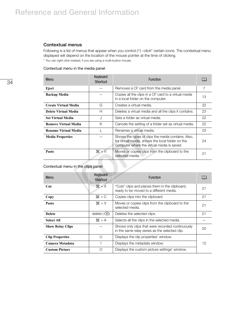 Contextual menus, Cop y, Reference and general information | Canon EOS C500 PL User Manual | Page 34 / 37