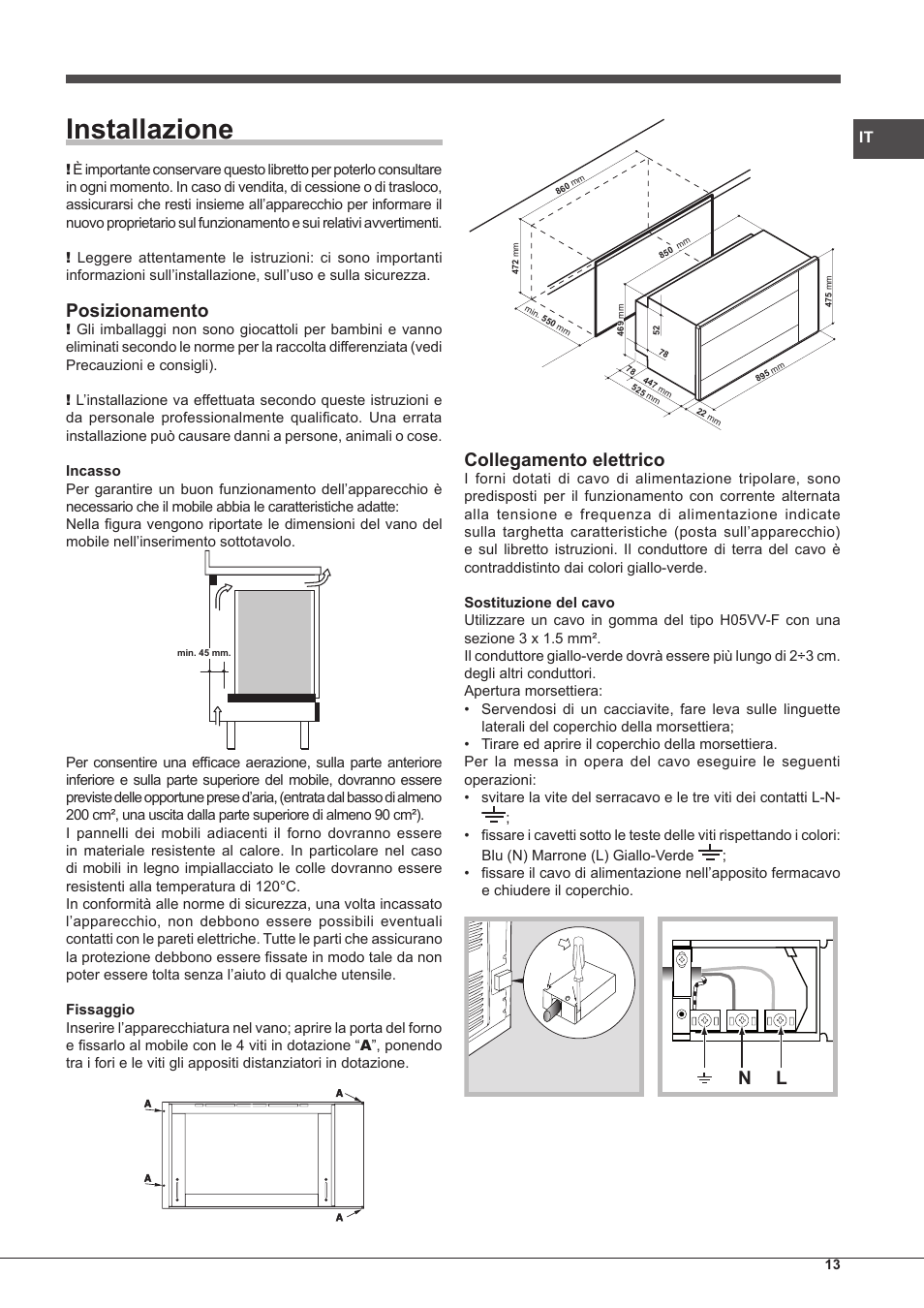 Installazione, Posizionamento, Collegamento elettrico | Hotpoint Ariston MH 99.1 IX-HA S User Manual | Page 13 / 76