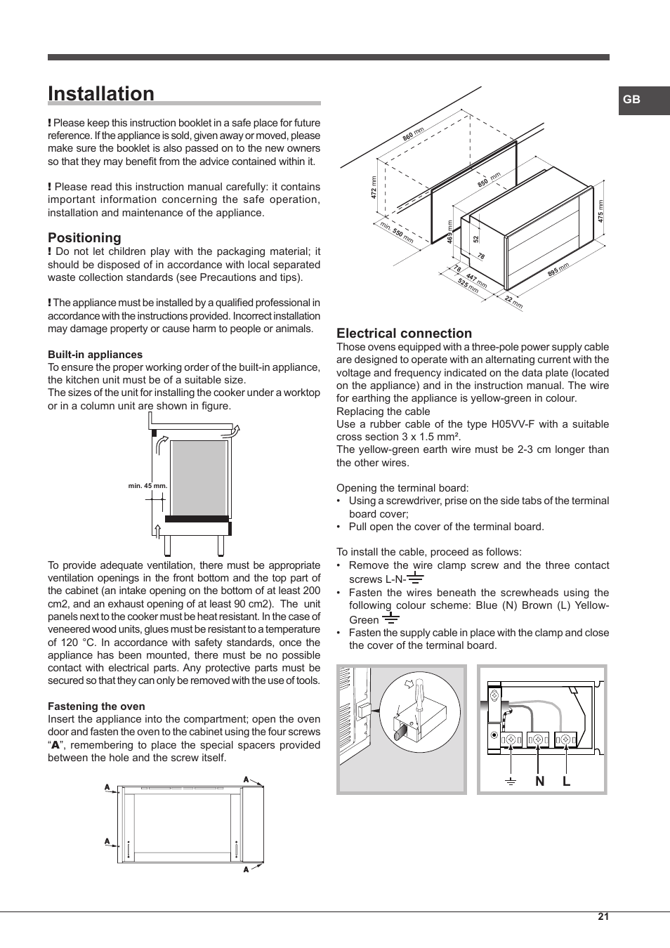 Installation, Positioning, Electrical connection | Hotpoint Ariston MH 99.1 IX-HA S User Manual | Page 21 / 76
