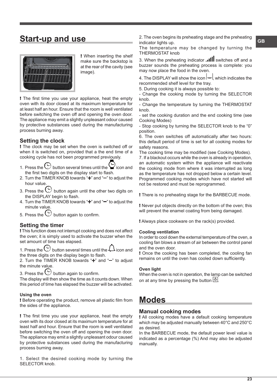Start-up and use, Modes, Setting the clock | Setting the timer, Manual cooking modes | Hotpoint Ariston MH 99.1 IX-HA S User Manual | Page 23 / 76
