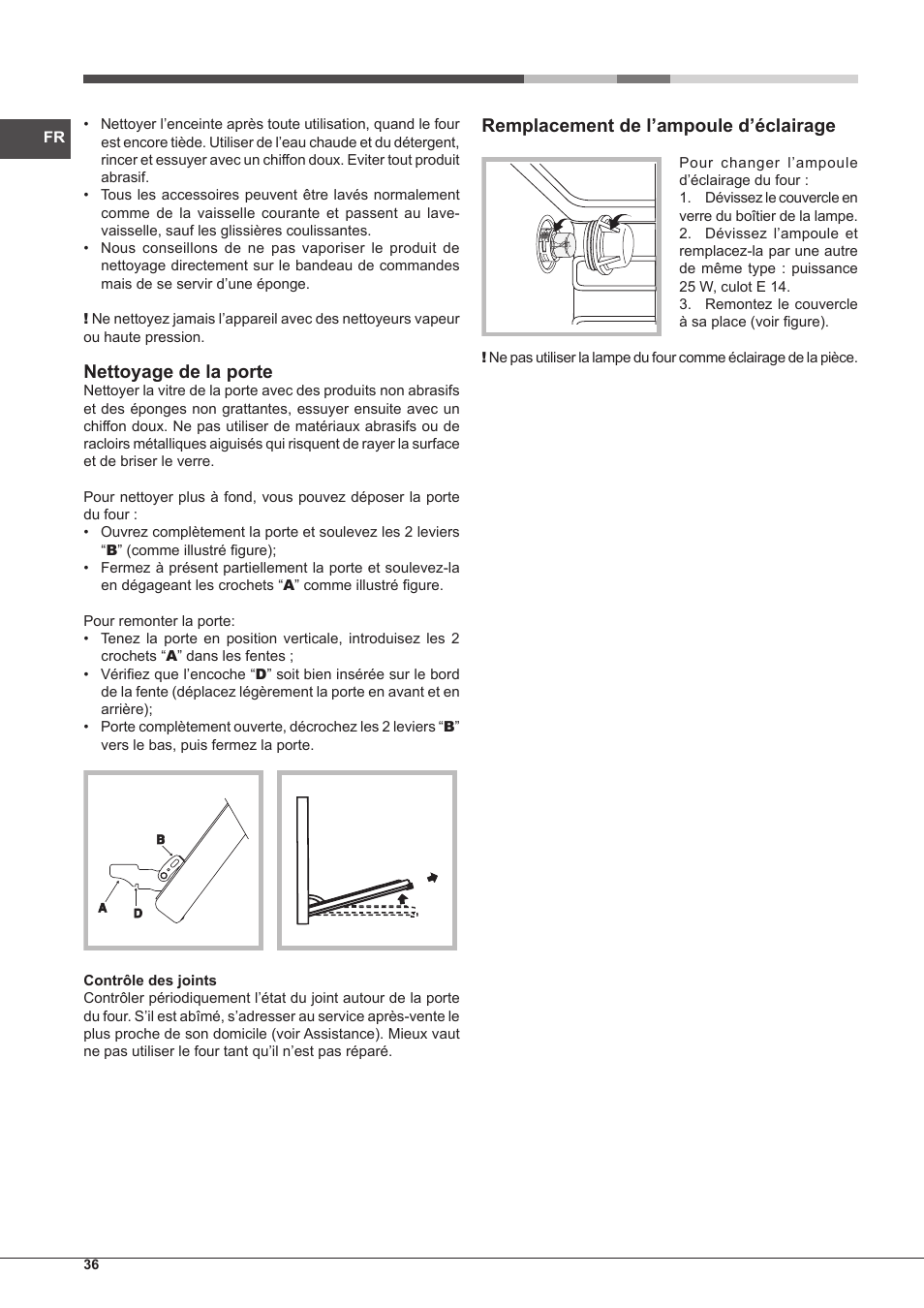 Nettoyage de la porte, Remplacement de l’ampoule d’éclairage | Hotpoint Ariston MH 99.1 IX-HA S User Manual | Page 36 / 76