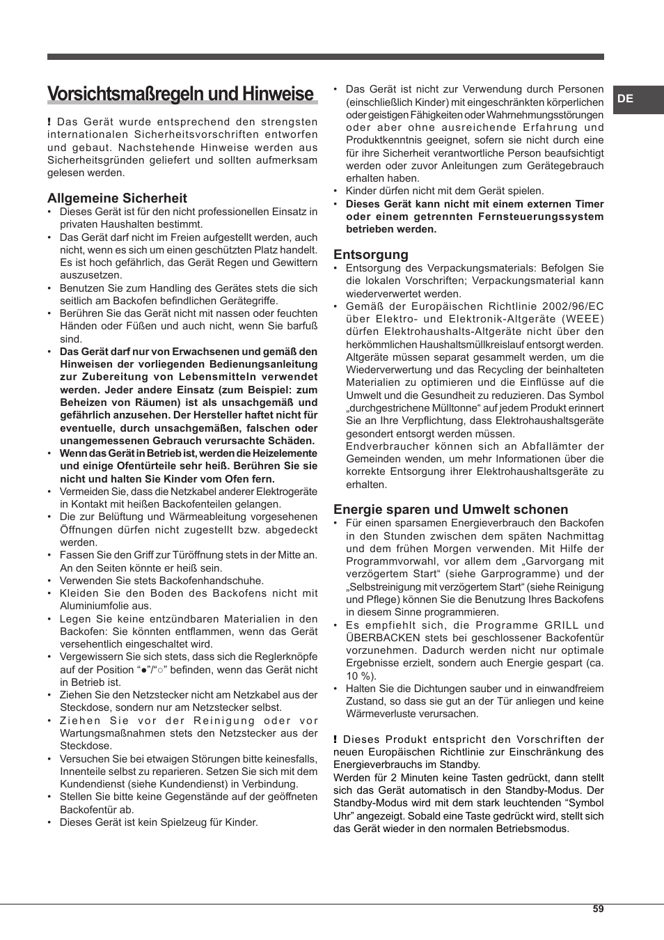 Vorsichtsmaßregeln und hinweise, Allgemeine sicherheit, Entsorgung | Energie sparen und umwelt schonen | Hotpoint Ariston MH 99.1 IX-HA S User Manual | Page 59 / 76