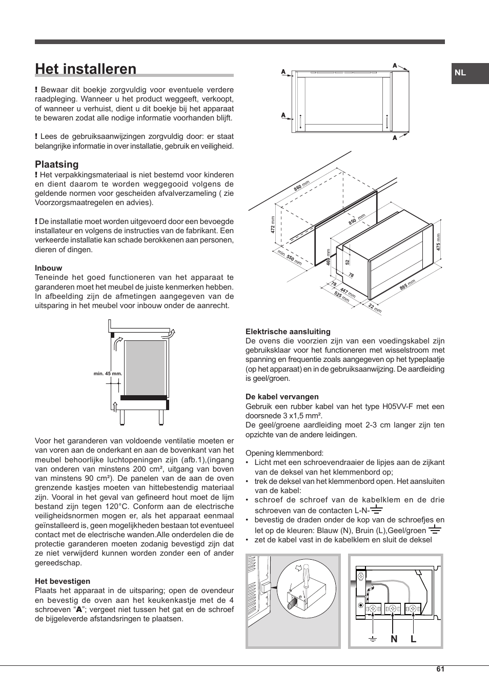 Het installeren, Plaatsing | Hotpoint Ariston MH 99.1 IX-HA S User Manual | Page 61 / 76