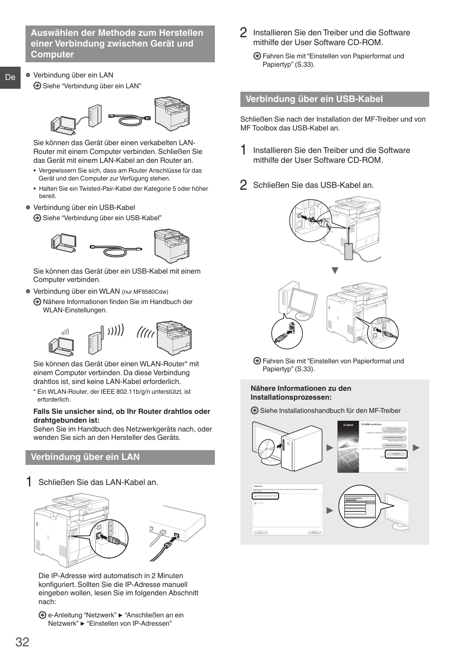 Auswählen der methode zum herstellen einer, Verbindung zwischen gerät und computer, Verbindung über ein lan | Verbindung über ein usb-kabel | Canon i-SENSYS MF8580Cdw User Manual | Page 32 / 292