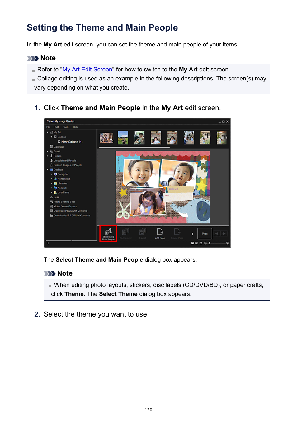 Setting the theme and main people, Set the theme, paper size , etc., then click ok, Select the theme, then click ok | Canon PIXMA IP2700 User Manual | Page 120 / 339